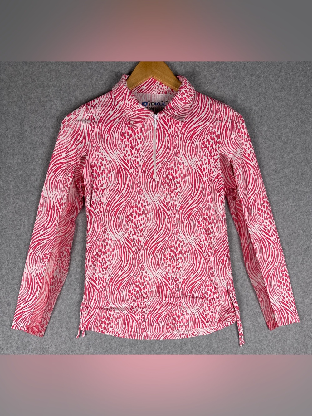 IBKUL Women's XS Pink White Print 1/4 Zip Golf Sun Shirt UPF 50 Ruched